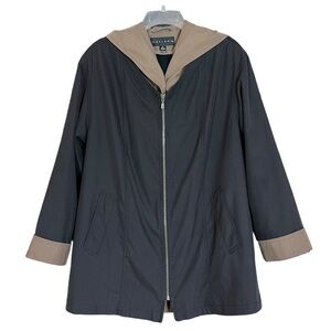 Gallery Black & Tan Mid Length Hooded Front Zip Lined Rain Jacket Women's Size S